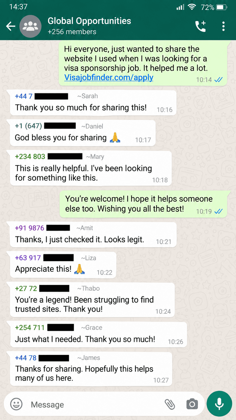 Screenshot of Amara’s WhatsApp group chat about VisaJobFinder